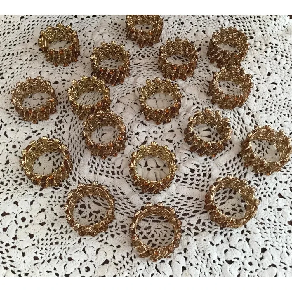 Vintage Gold Filigree Amber Colored Beaded Napkin Rings 17 Boho‎ Whimsical Party